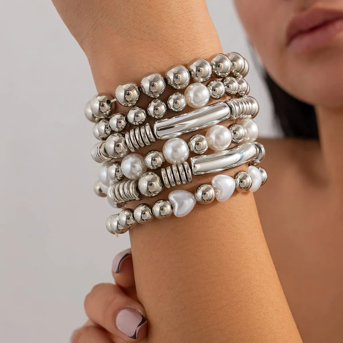 Trendy 6pcs Two Tone Pearl Ball Chain Bracelet Set