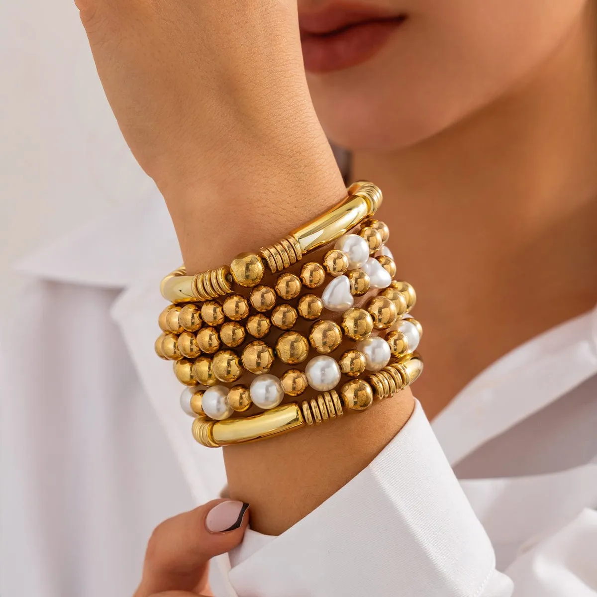 Trendy 6pcs Two Tone Pearl Ball Chain Bracelet Set