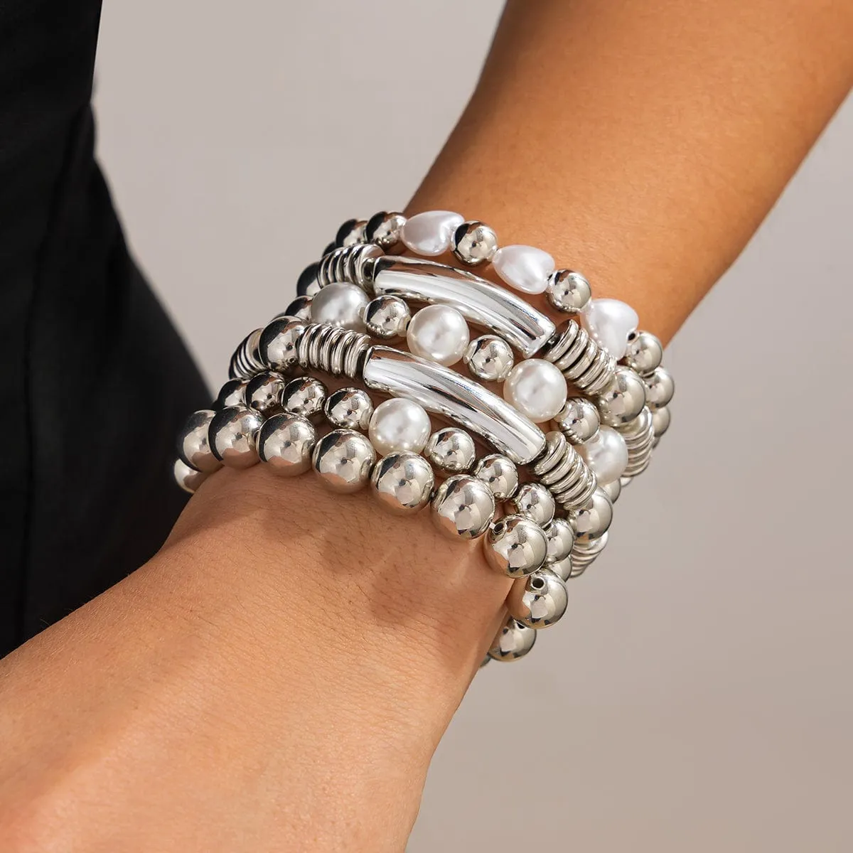 Trendy 6pcs Two Tone Pearl Ball Chain Bracelet Set