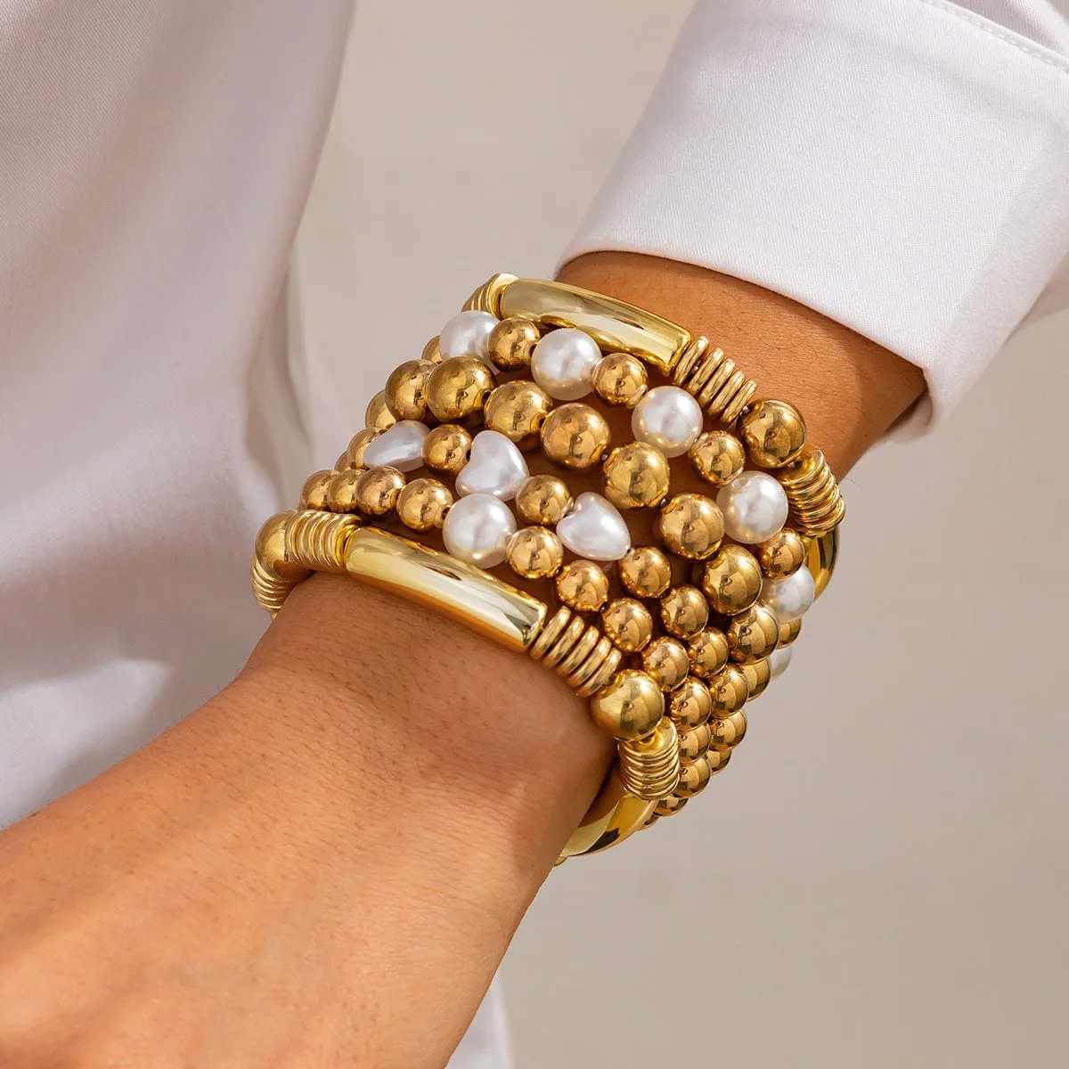 Trendy 6pcs Two Tone Pearl Ball Chain Bracelet Set