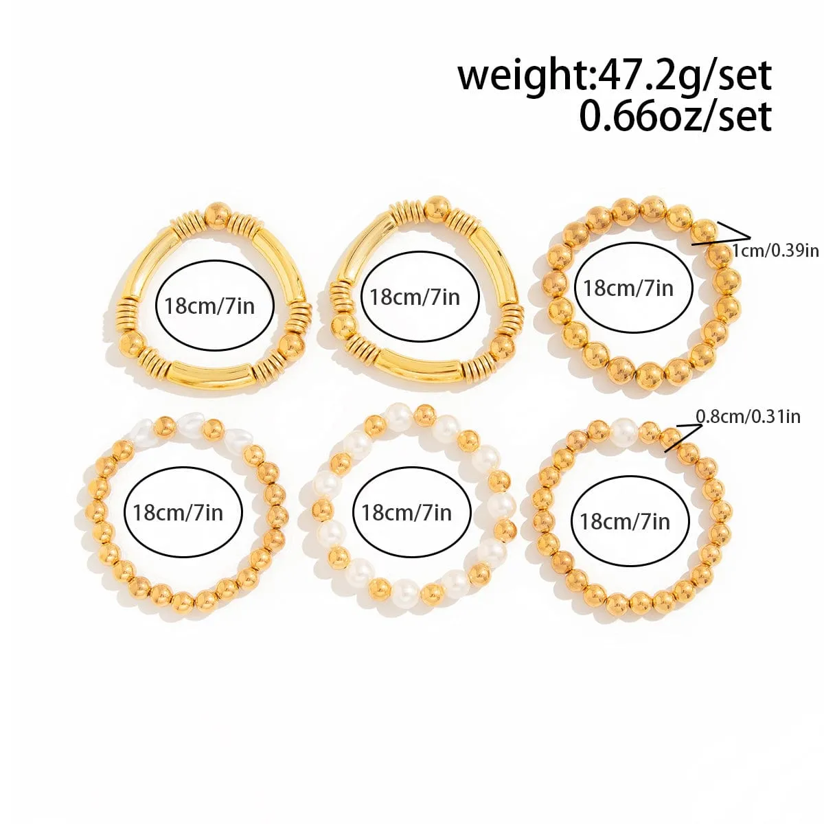 Trendy 6pcs Two Tone Pearl Ball Chain Bracelet Set