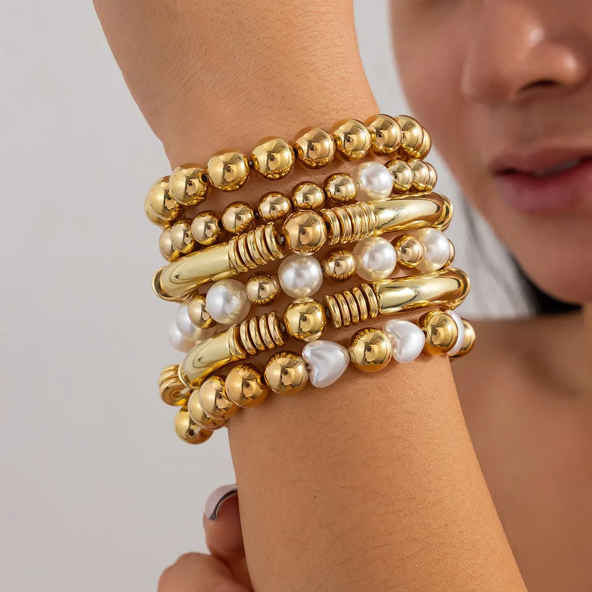 Trendy 6pcs Two Tone Pearl Ball Chain Bracelet Set