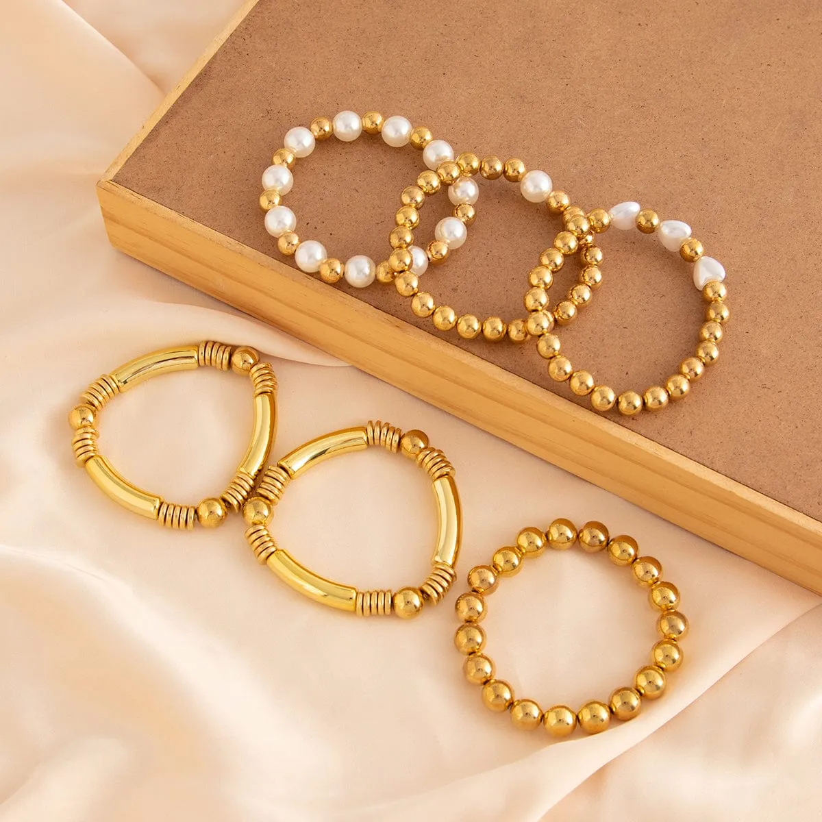 Trendy 6pcs Two Tone Pearl Ball Chain Bracelet Set