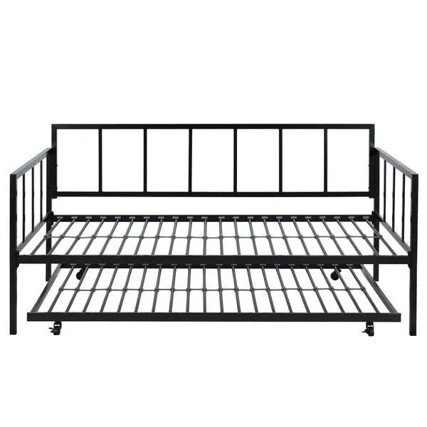Twin size Heavy Duty Metal Daybed with Roll-Out Trundle Bed