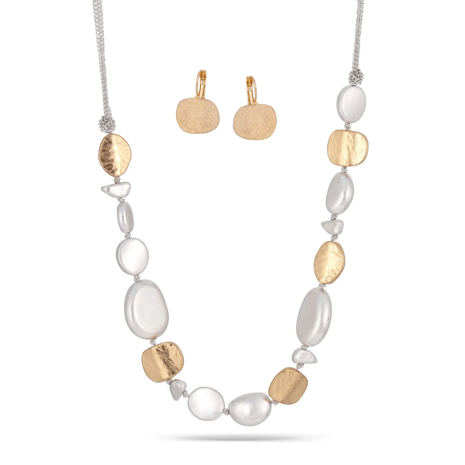 Two-Tone Silver And Gold Hammered Earrings And Necklace Set #SC22071/SE22079GS(EE3/NA17/AF7)