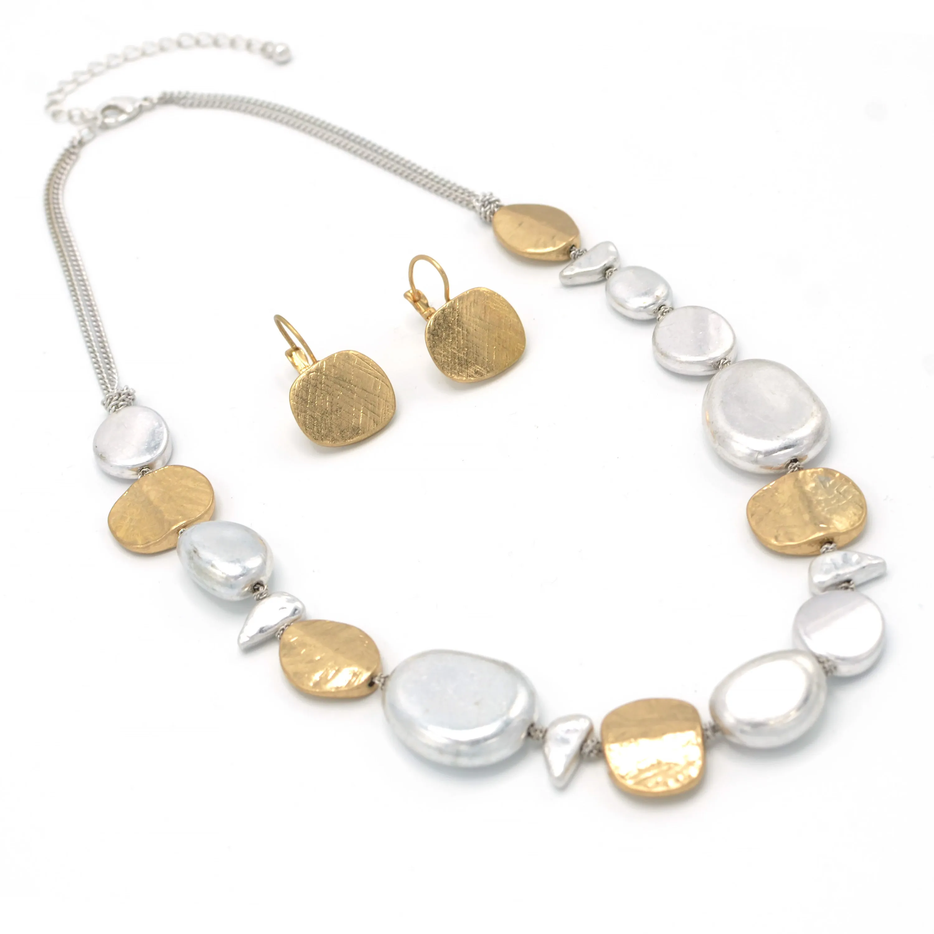 Two-Tone Silver And Gold Hammered Earrings And Necklace Set #SC22071/SE22079GS(EE3/NA17/AF7)