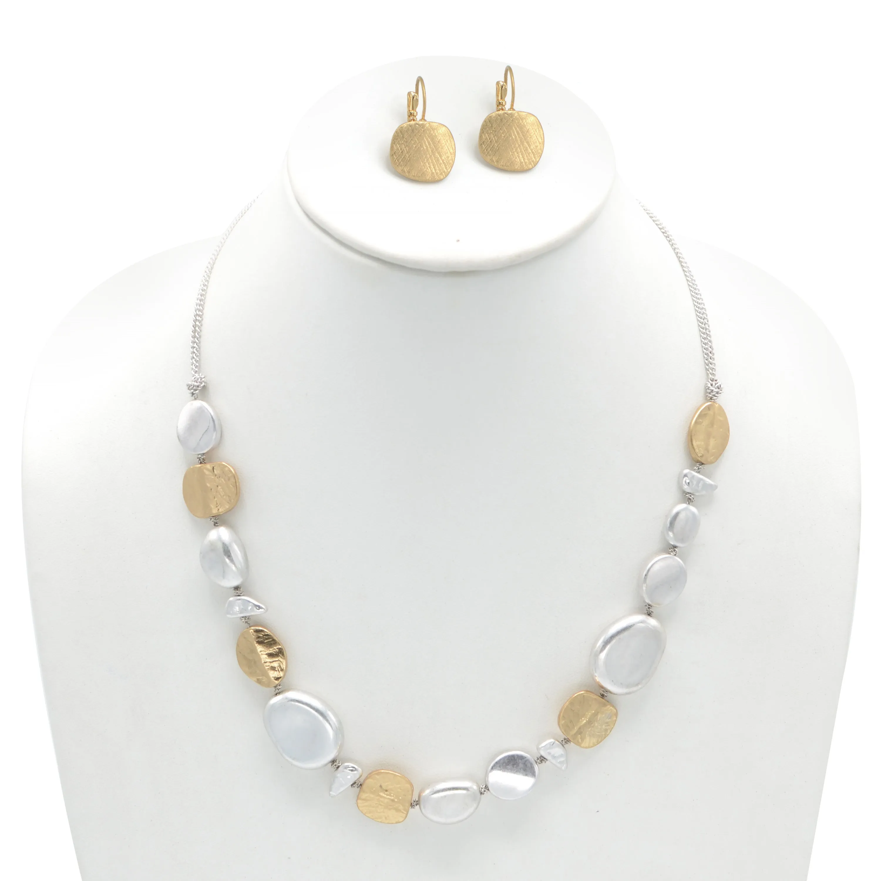 Two-Tone Silver And Gold Hammered Earrings And Necklace Set #SC22071/SE22079GS(EE3/NA17/AF7)