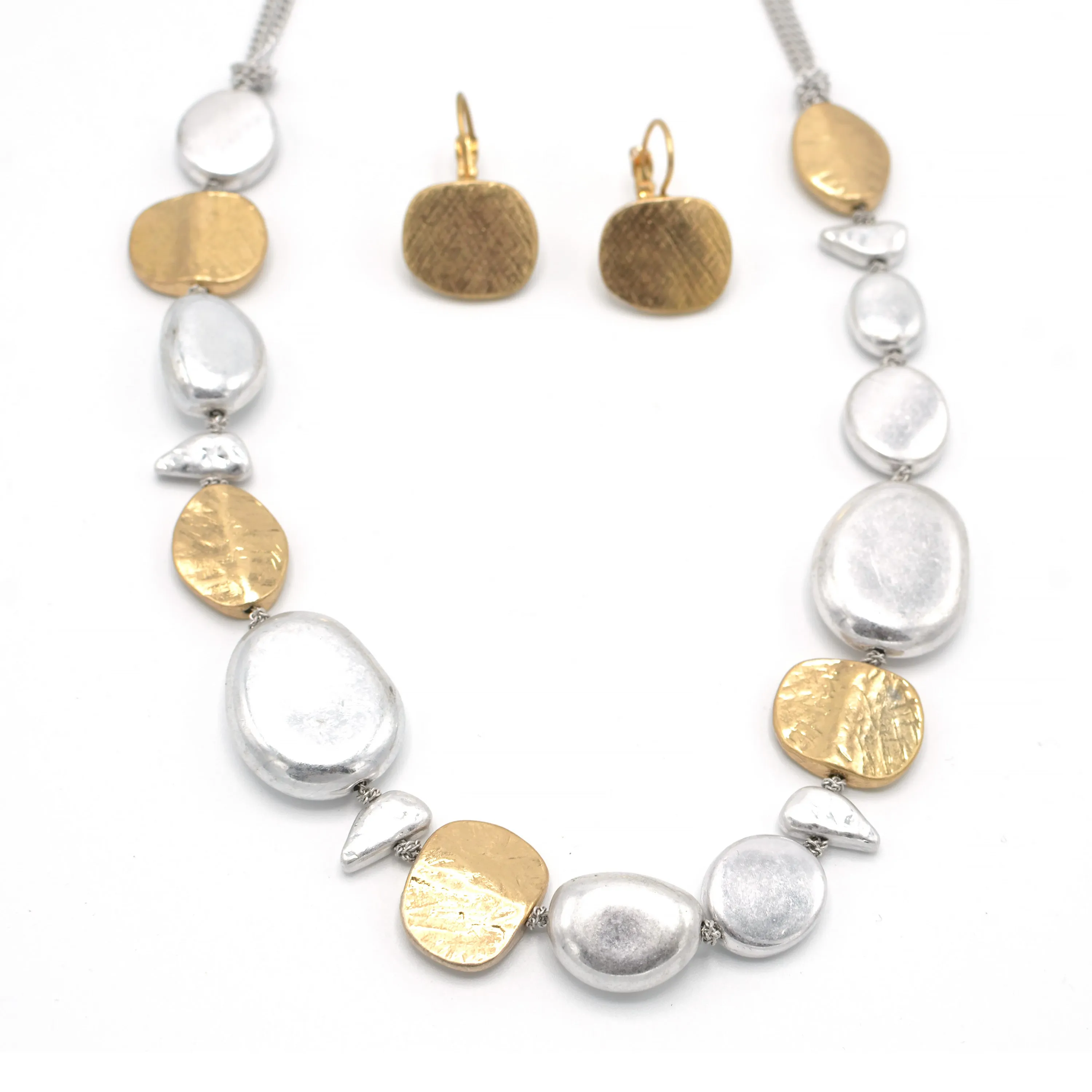 Two-Tone Silver And Gold Hammered Earrings And Necklace Set #SC22071/SE22079GS(EE3/NA17/AF7)