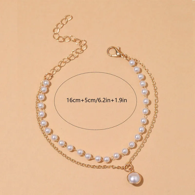 Vembley Trendy Gorgeous Pearl Gold Plated Double Layer Bracelet For Women And Girls