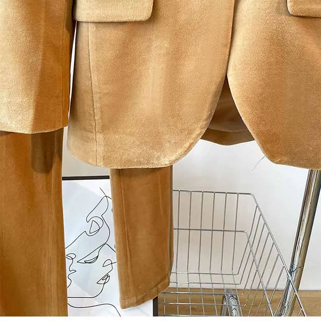 Women Camel One Button Suit with Pants Velvet Two Pieces Pantsuit