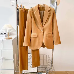 Women Camel One Button Suit with Pants Velvet Two Pieces Pantsuit