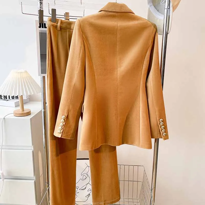 Women Camel One Button Suit with Pants Velvet Two Pieces Pantsuit
