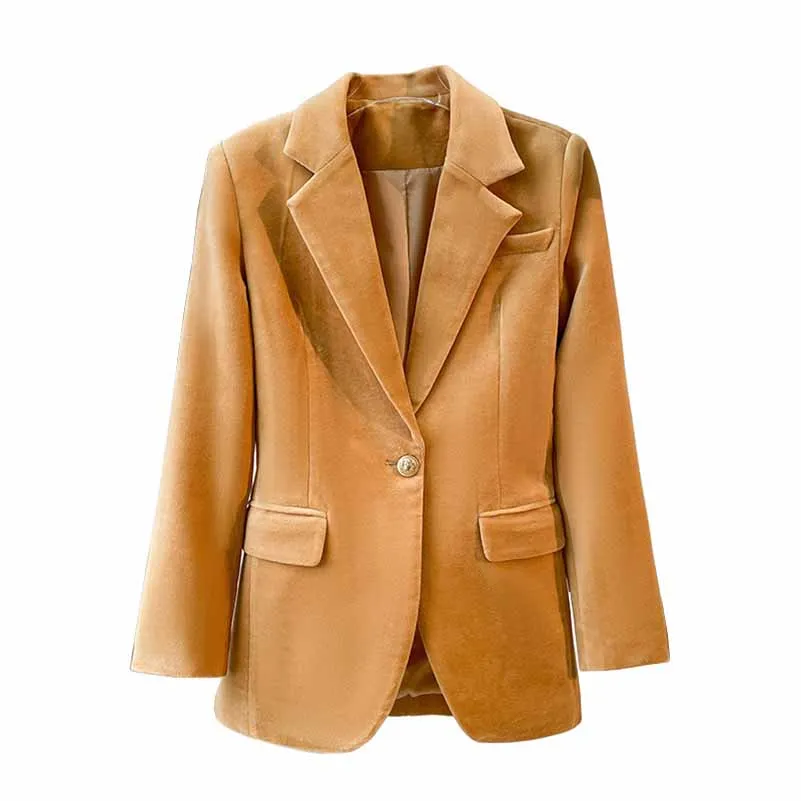 Women Camel One Button Suit with Pants Velvet Two Pieces Pantsuit
