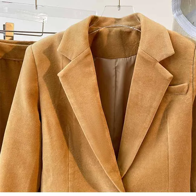 Women Camel One Button Suit with Pants Velvet Two Pieces Pantsuit
