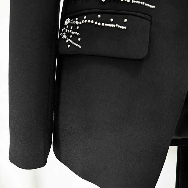 Women's Beaded Line Embellished One Button Pantsuit Black Formal Suit