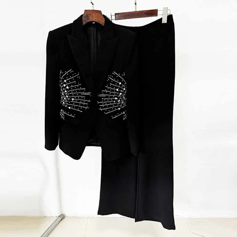 Women's Beaded Line Embellished One Button Pantsuit Black Formal Suit