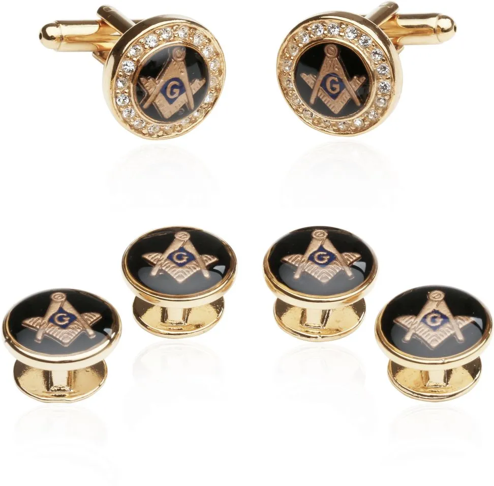 World Freemason Crystal Gold Masonic Formal Cuff links Set